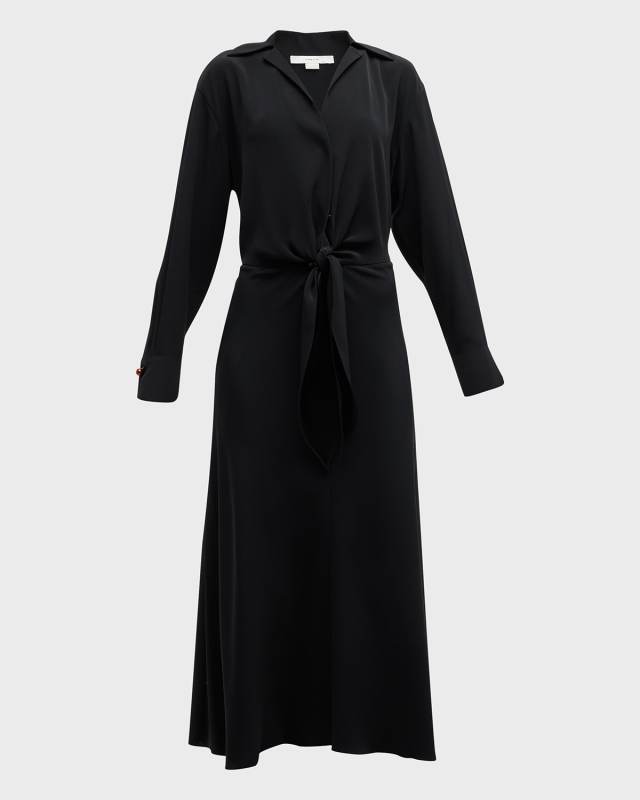 Shaped-Collar Tie-Front Maxi Dress